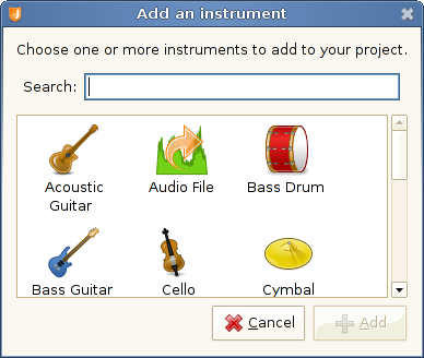 Dialog for adding new instruments to the current project.