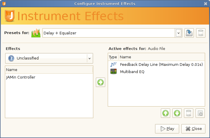 Shows the instrument effects dialog. It can be used to add, remove and configure the effects for individual instruments.