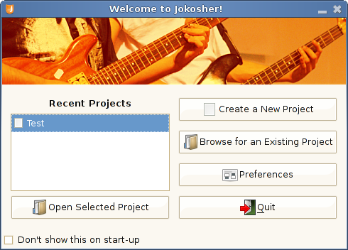 Shows Jokosher Welcome dialog. Contains Recent Projects dialog, Create a New Project, Browse for an Existing Project, Preferences and Quit.